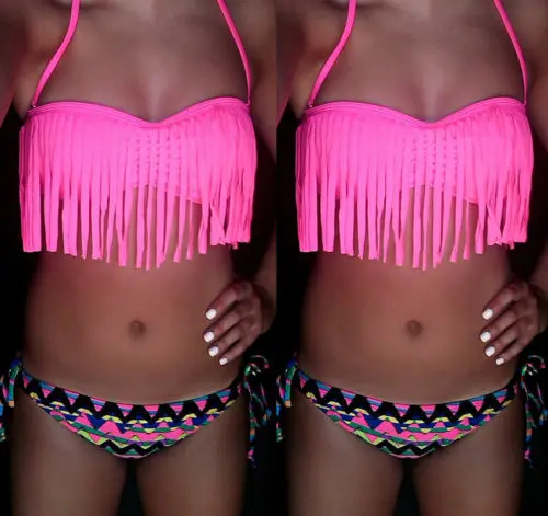 

Summer Women Ladies Beach Swimwear Bandage Tassels Bikini Set Push-up Padded Bra Bathing Two-Piece Suit Swimsuit Beachwear