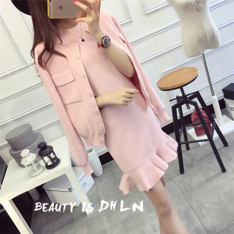 

2019 Autumn Women Knitted Coats+Fishtail Dress Sets Knitting Solid Coat and Ruffles Mermaid Dresses Set for Ladies Woman