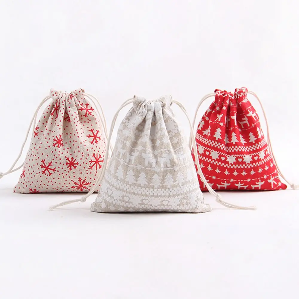 

Original small fresh cotton and linen drawstring bunch bag Christmas candy tea gift bag Canvas Merry Christmas Snowflake