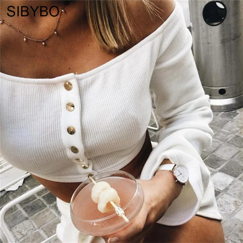 

Sibybo White Off Shoulder Short Women Top Shirt Fashion Slash Neck Sexy Women Blouses and Shirt Flare Sleeve Midriff Baring Tops