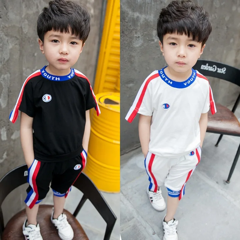 

2018 Cross-Country Summer Kids Set Children's Ribbon T-shirt Harem Pants Two-piece Boy Short-sleeved