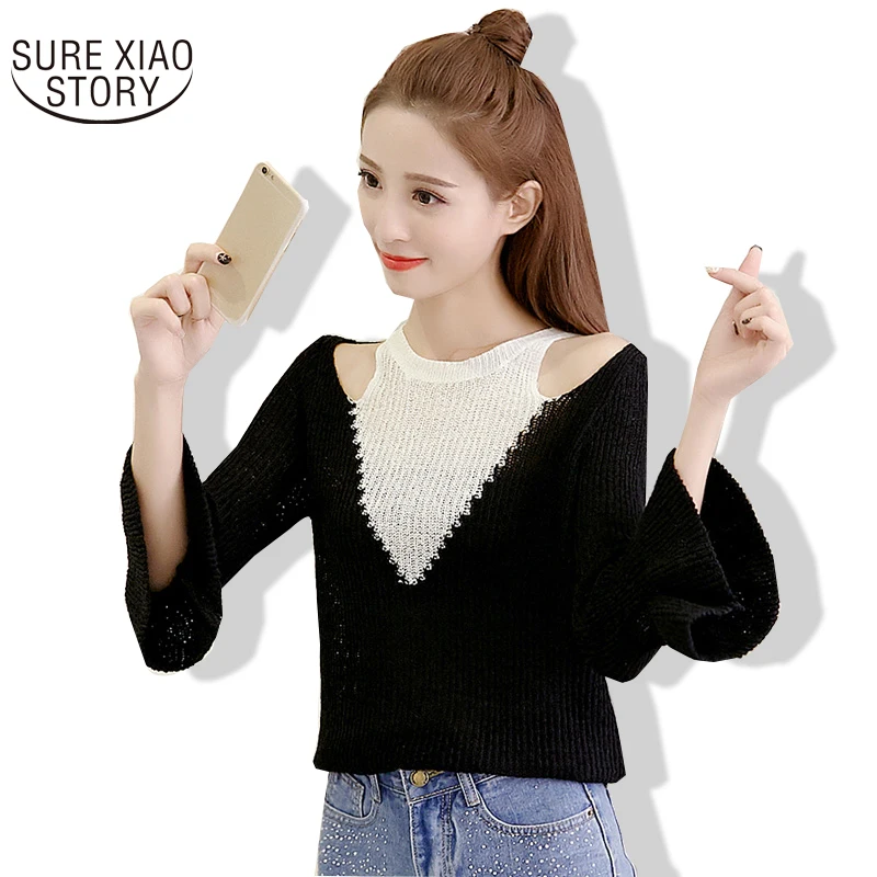 

2019 New Arrival Autumn Fashion Strapless Stitching Color Long Sleeve Shirt Female Casual Solid Spliced Slim Tops 10H 30