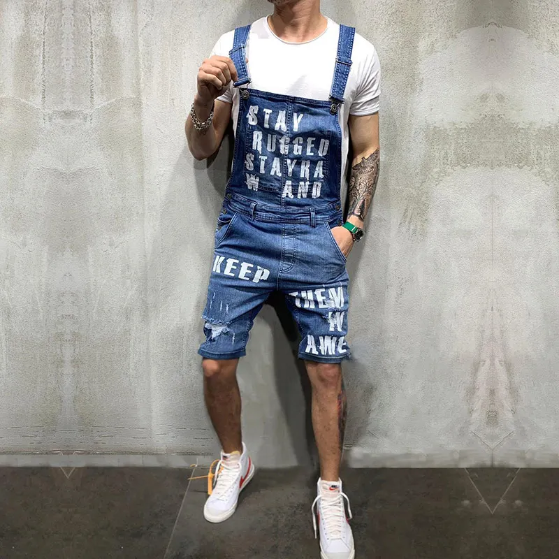 2019 New Fashion Men s Ripped Jeans Jumpsuits Shorts Summer Hi Street Distressed Denim Bib Overalls 2
