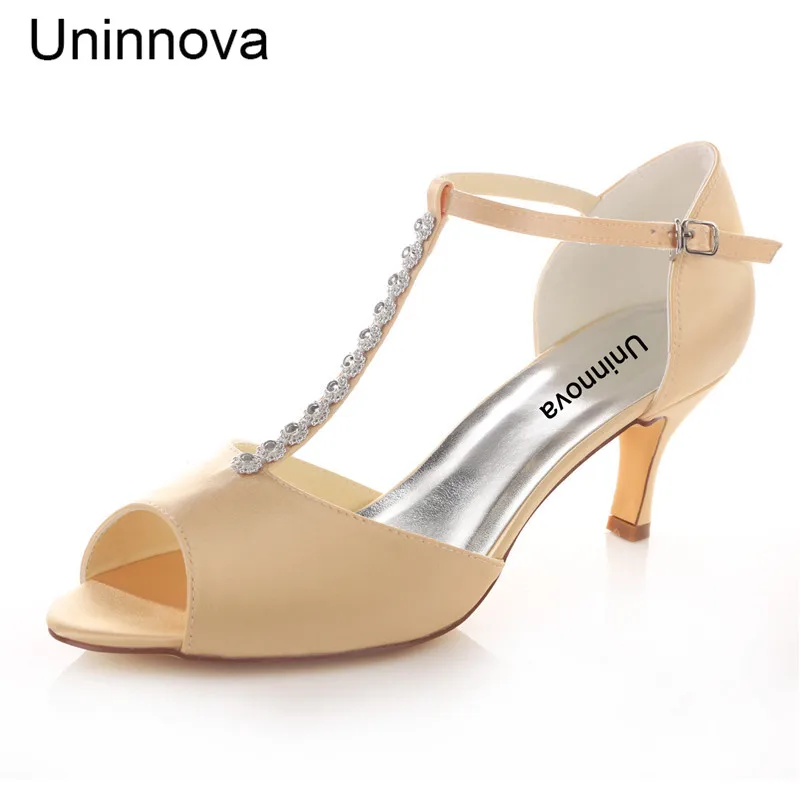 

Ivory White Satin Crystal T-strap Peep Toe Wedding Heels Bridal Bridesmaid Pumps Evening Party Shoes Uninnova 3780-17 LY