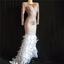 Жемчуг перо Стразы платье женская вечерняя одежда с длинным рукавом Пром роскошное перспективное платье певица платья DJ342