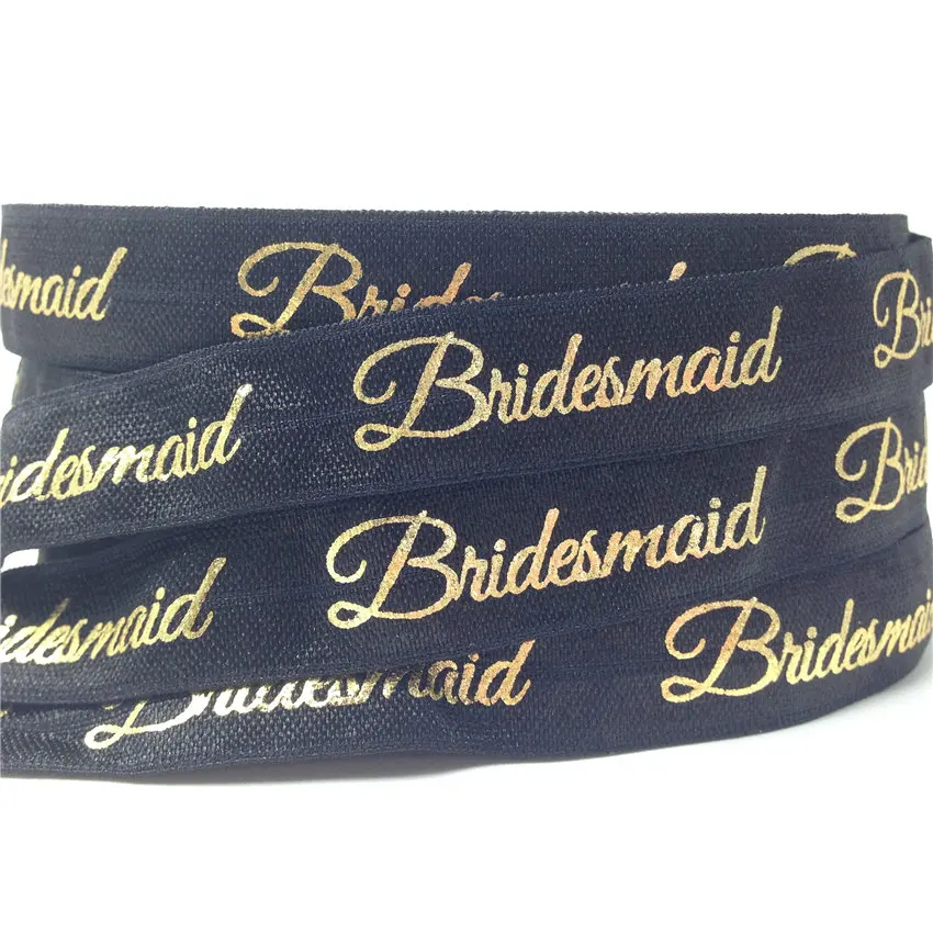 5/8"(5 yards/lot) Gold/Silver Bridesmaid Print Fold Over Elastics FOE Stretch Band Wedding Decor Party accessories - Color: GS278 Black-Gold