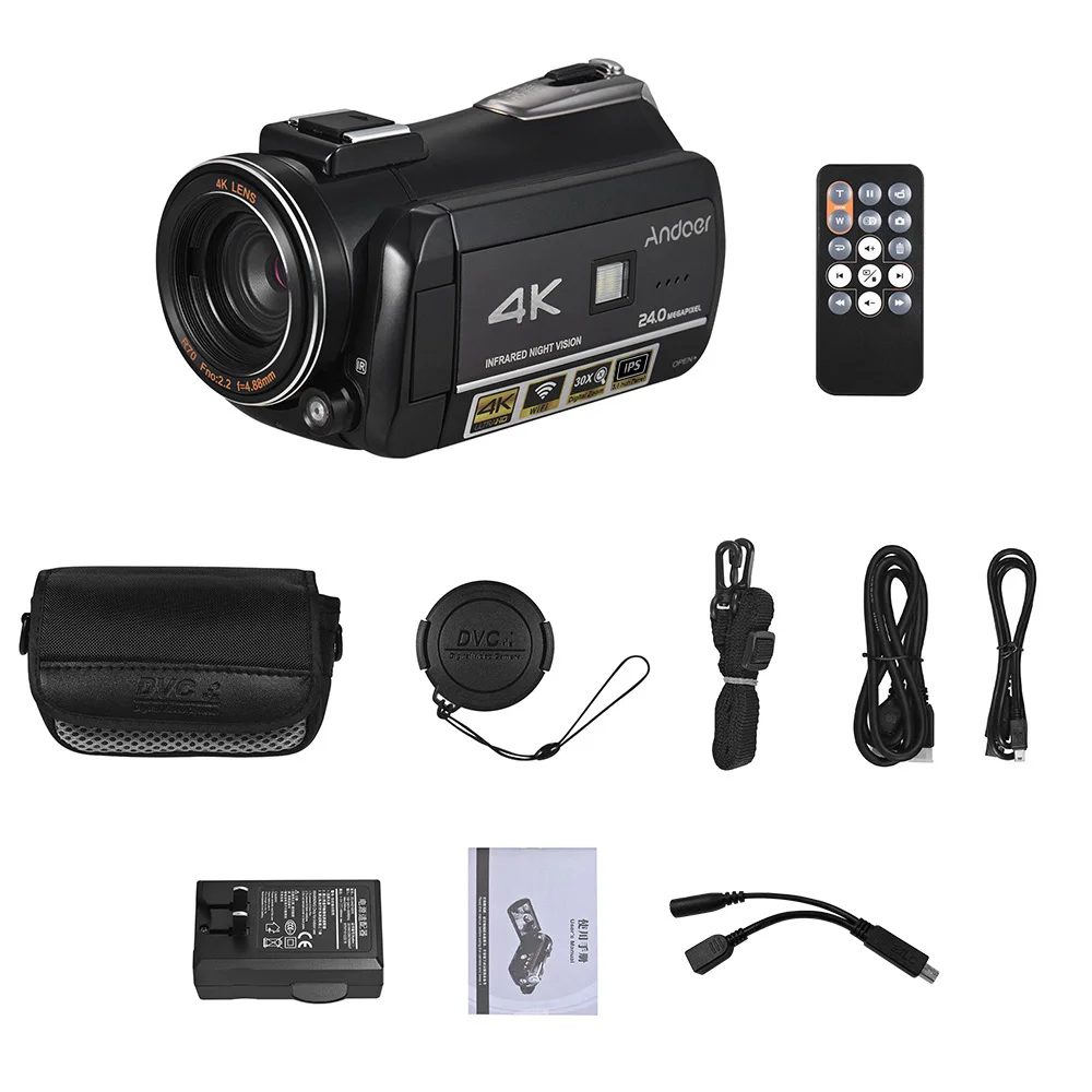 Andoer Профессиональная цифровая видеокамера 4K UHD 24MP Camara Camcorder w/0.39X широкоугольный объектив бленда внешний микрофон