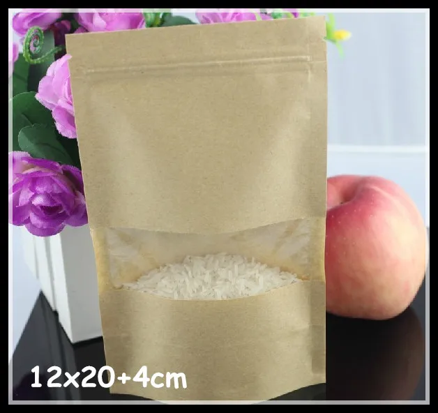 Высокое качество Еда упаковка бумажные мешки с окна мешок упаковки визуального крафт-бумага мешок на молнии сумки 100 шт./лот 12*20+ 4 см