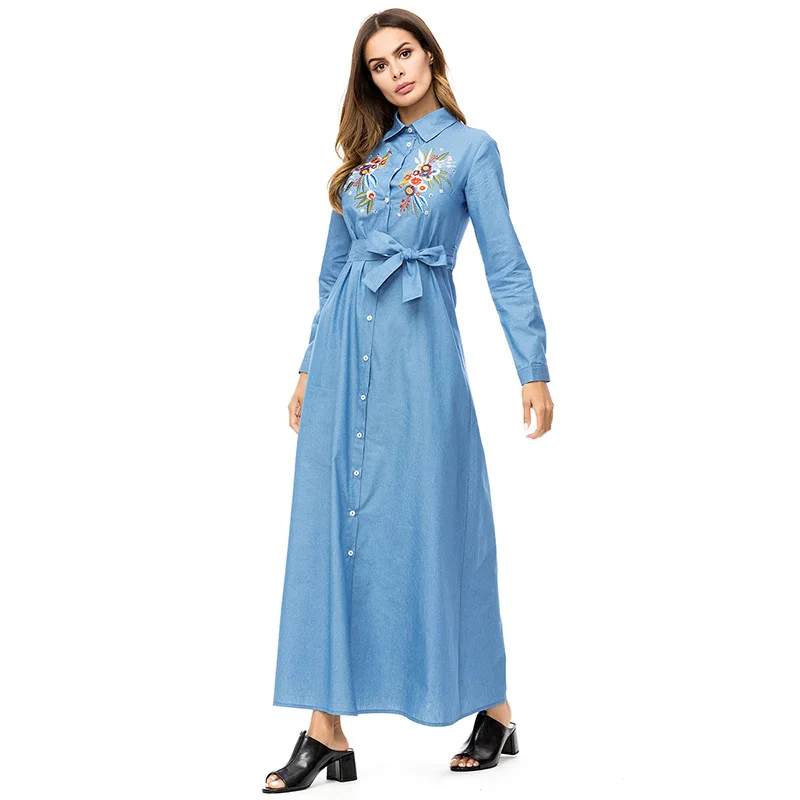 ShejoinSheenjoy Turn-down Collar Embroidery Muslim Abaya Denim Blue Women Long Dress Middle East Islamic Clothing Casual Dress (5)