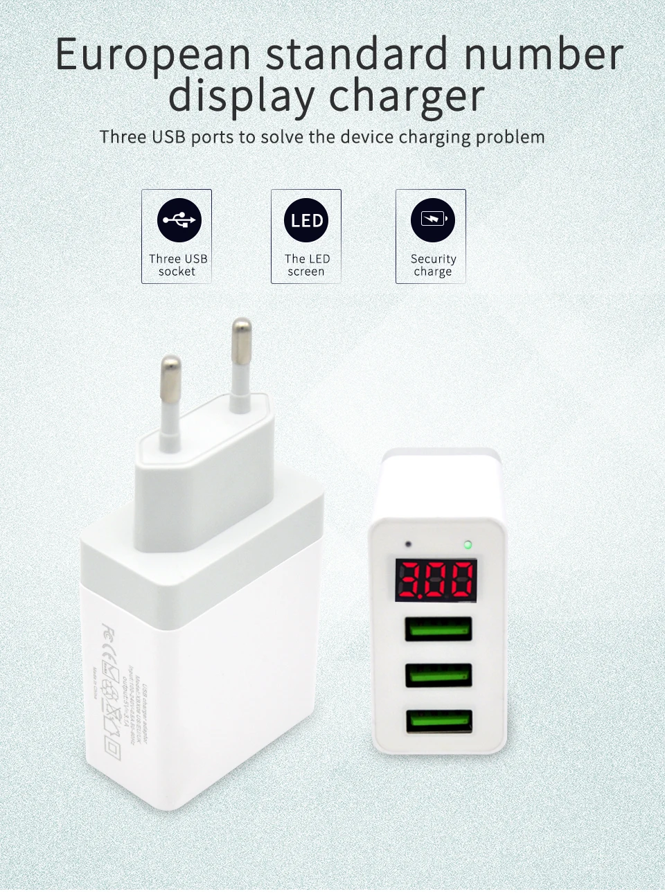 Wall Charger EU Adapter LED Display 3 USB Charger Universal Mobile Phone USB Charger Fast Charging For iPhone Samsung Xiaomi (1)