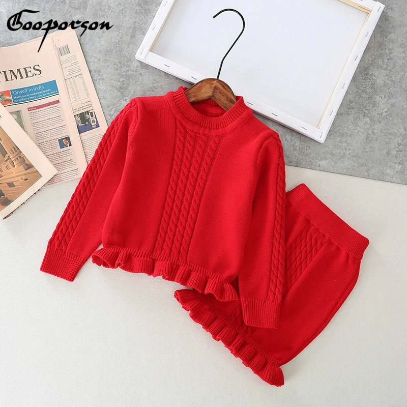 

Fashion Girls Red Clothes Set Knitted Sweater Tops & Fish Tail Skirt 2 Pcs Clothing Suit Children Winter Wear Kids Outfits Girl