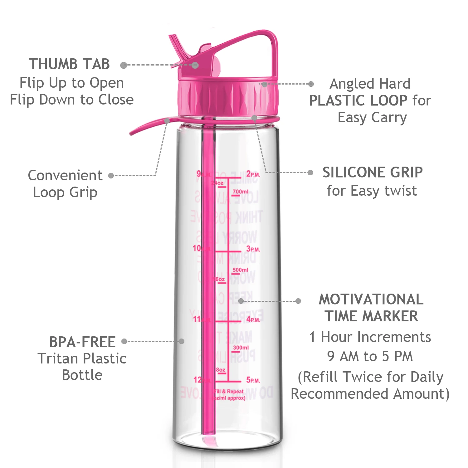 700ml Sports Water Bottle with Time Tracker//Marker BPA Free