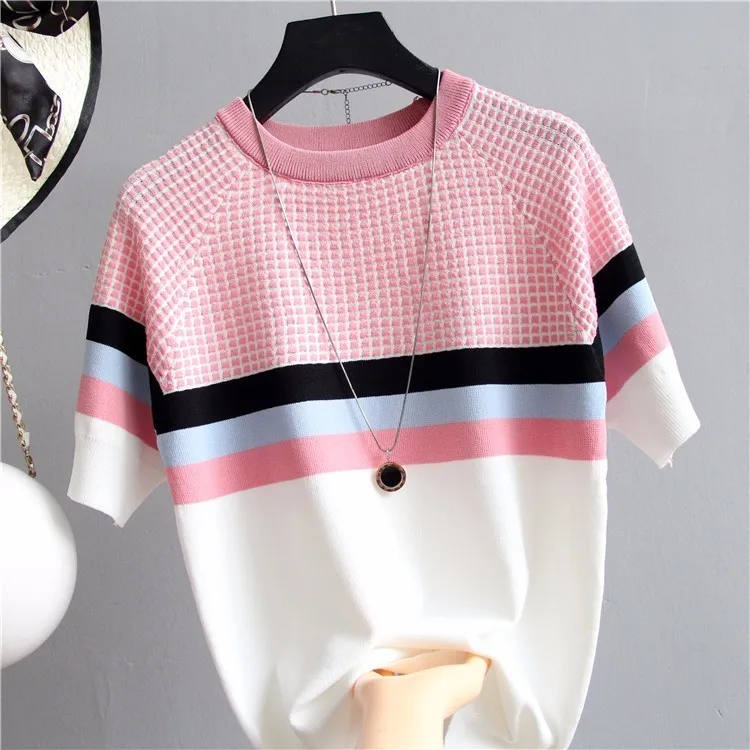 Patchwork short sleeve sweater women knitted pullover Korean fashion slim sweaters summer and autumn new arrival