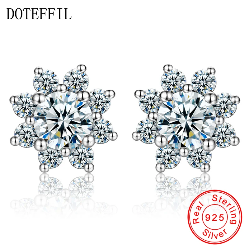 

DOTEFFIL Female Snowflake Stud Earring 100% Real 925 Sterling Silver Jewelry High Quality AAA Zircon Double Earrings For Women