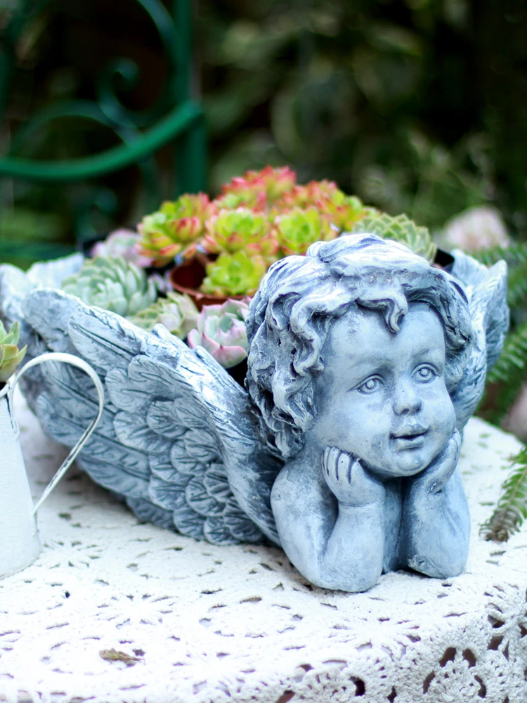 Пасторальный цемент Ангел большие крылья цветочный горшок украшения открытый сад предметы интерьера двора парк статуя фигурки украшение