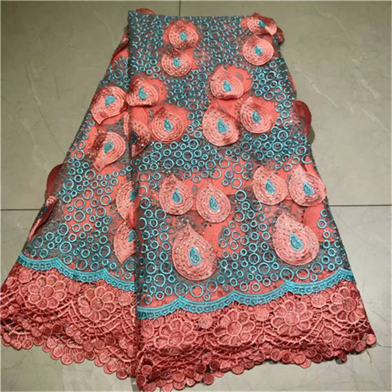 

Free shipping (5yards/pc) High quality stone African French net lace fabric in Peach and green for party dress