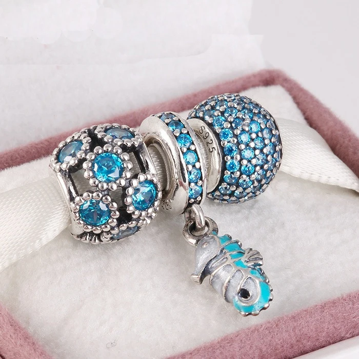 

Sterling Silver 925 Fits Silver Charm Bracelet hippocampus Blue Ocean European Charm Beads for Women & Men Jewelry