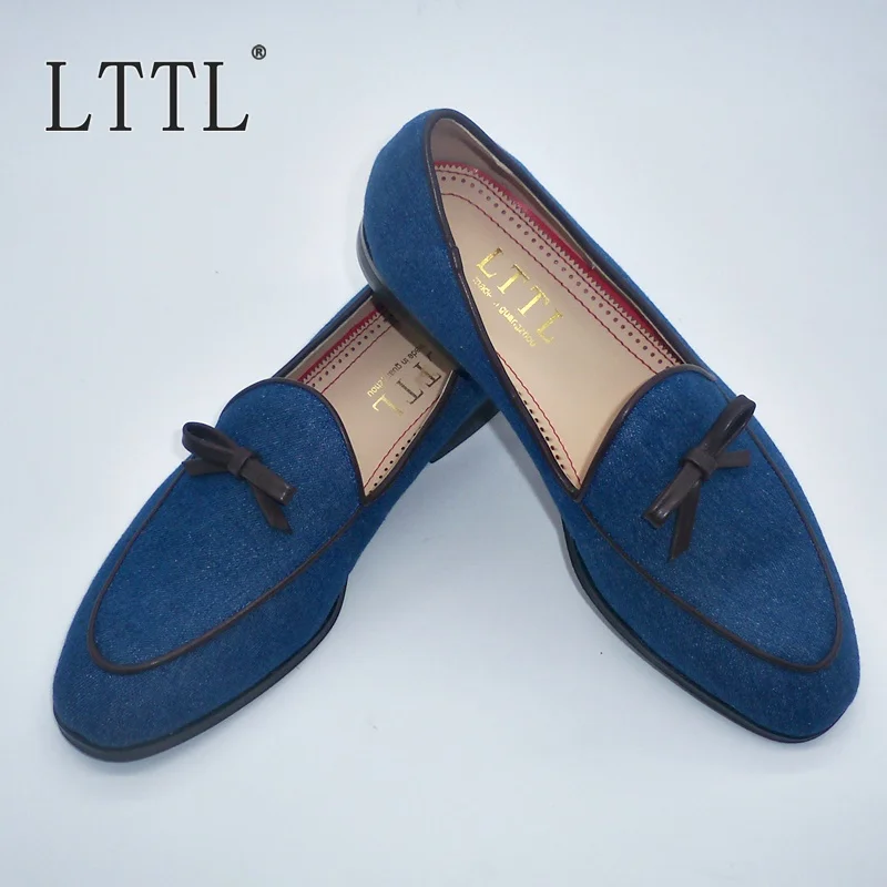 

LTTL Fashion British Style Blue Canvas Loafers Men Dress Shoes With Bowknot Handmade Casual Shoes Men Slippers Prom Shoes