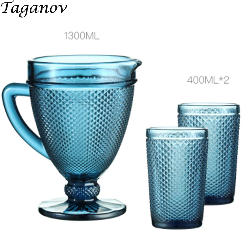 

1300 ml Water Kettle Set 350 ml 400 ml Glasses European Creative Red Blue Drinking Cup Cold Tea Juice Jug Household Glass Set