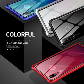 

Luxury Metal Frame Bumper For Huawei Nova 4 Case Clear Tempered Glass Back Cover Case For Huawei Nova 4 Armor Case 6.4 inch