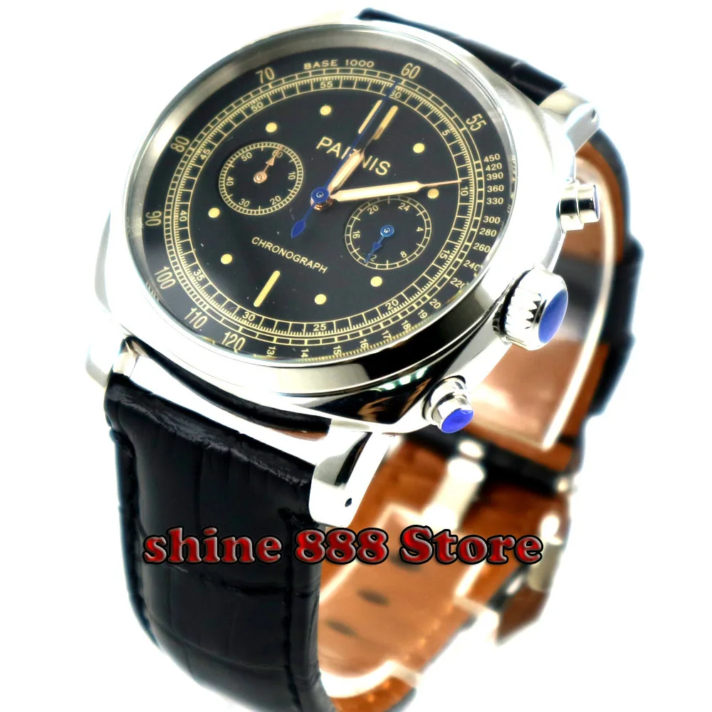 

luxury brand 44mm Parnis black dial solid case stop watch full Chronograph full steel waterproof quartz mens watch