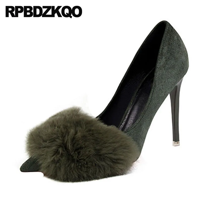 

Scarpin Ultra Extreme Size 4 34 Gray Suede Unique Fur Green Dress Shoes Women Runway High Heels Catwalk Pointed Toe Pumps Super