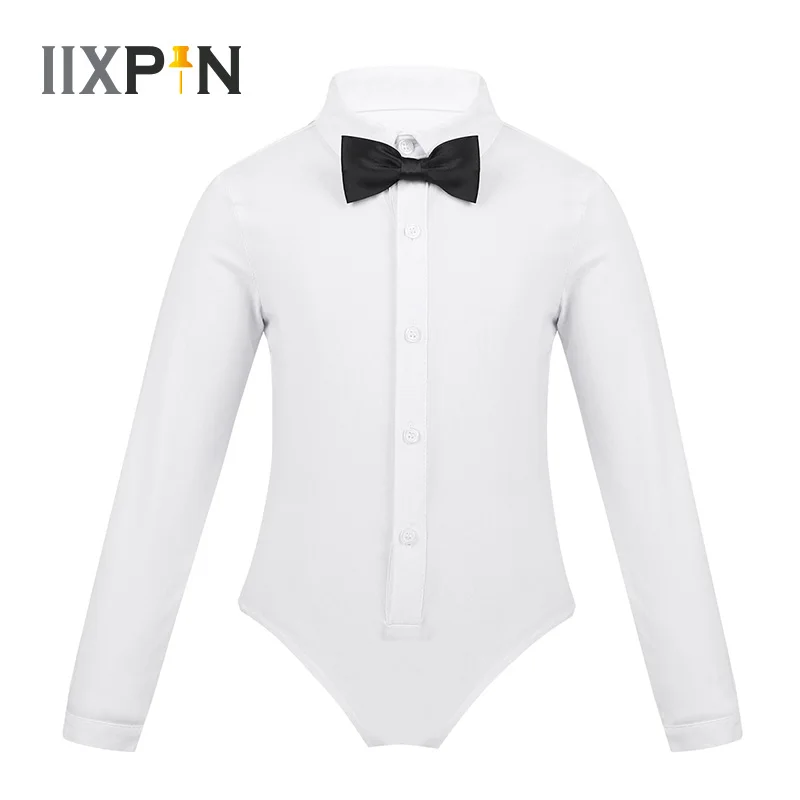 Online Trajes de baile latino para niños IIXPIN una pieza de manga larga de solapa Bowtie Romper camisa leotardo Bodysuit Danza Latina moderna desgaste