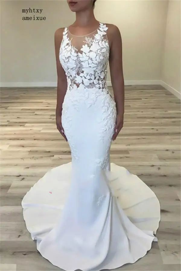 

Sleeveless Satin Sweetheart Sweep Train Floor-length Button Wedding Dress 2019 Plus Size Luxury Boho Sexy Mermaid Wedding Dress