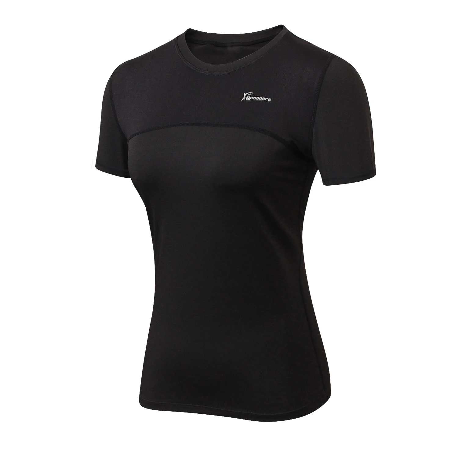 Queshark Женская конечная с коротким рукавом тренировка Бег Йога Фитнес спортивные футболки тренировки рубашки быстросохнущие дышащие гибкие - Цвет: Черный