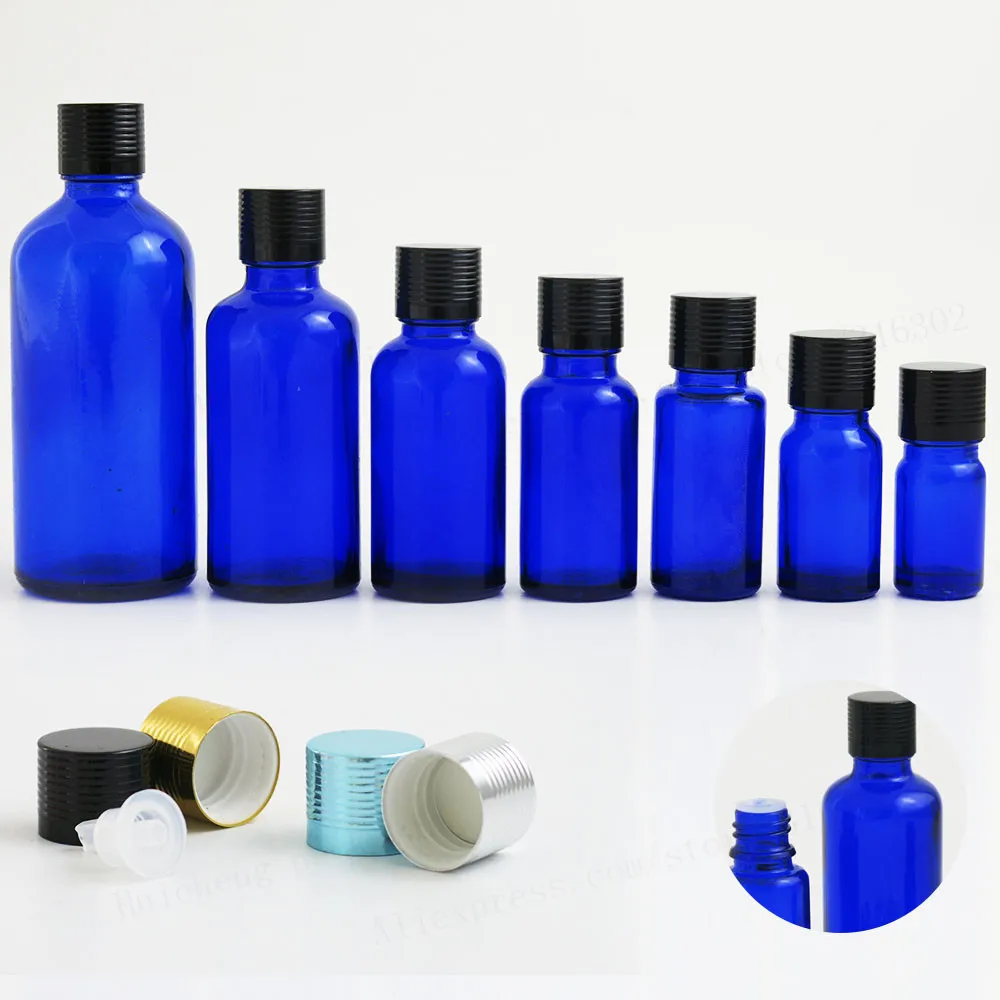 

100ml 50ml 30ml20ml 15ml 10ml 5ml Empty Cobalt Blue Glass Essential Oil Bottle With Aluminum Lids Reducers Reducer 12pcs