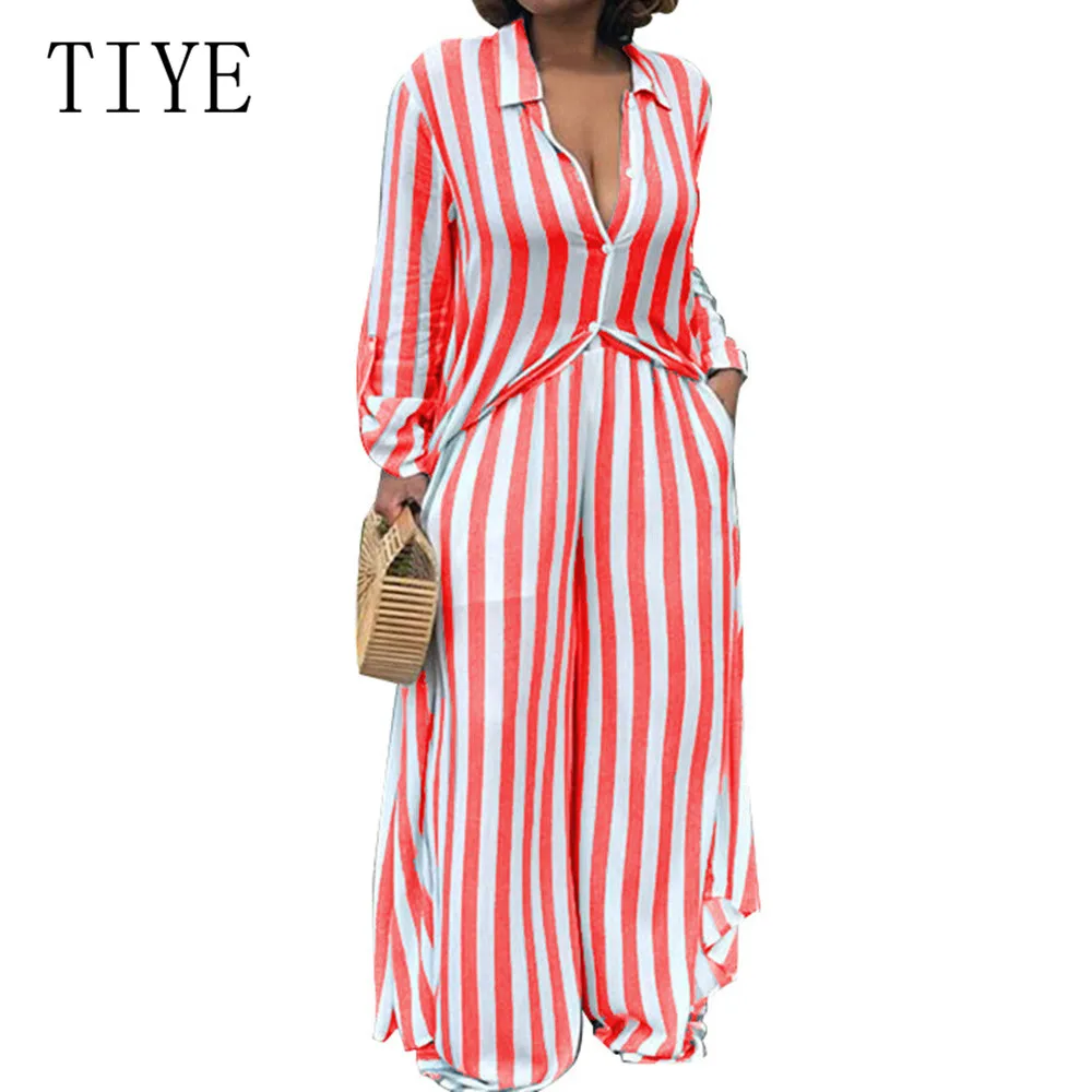 TIYE Sexy Turn-down Long Sleeve Striped Two Pieces Sets Wide Leg Jumpsuits Women Casual Go Out Loose Black Playsuits Rompers TIYE Sexy Turn-down Long Sleeve Striped Two Pieces Sets Wide Leg Jumpsuits Women Casual Go Out Loose Black Playsuits Rompers