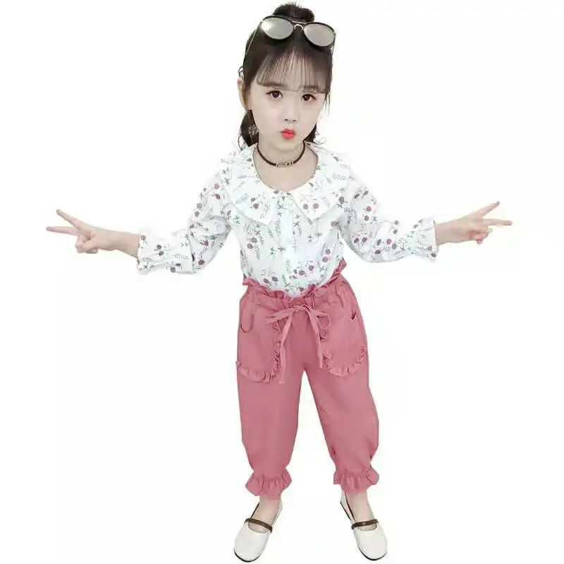 Kids Clothing Autumn Summer Clothes Suit Girls Floral Top High Waist Pants Outfit