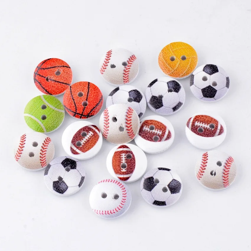 

Free Shipping Retail 20Pcs Random Mixed Lovely Round Ball Sports 2 Holes Wood Painting Sewing Buttons Scrapbooking 15mm