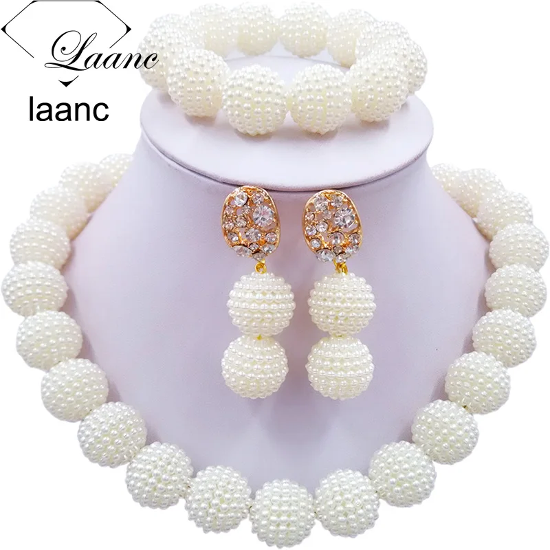 Laanc персик Африканский бисер комплект ювелирных изделий для нигерийской свадьбы имитация жемчуга ожерелье и серьги SP1R004 - Окраска металла: White