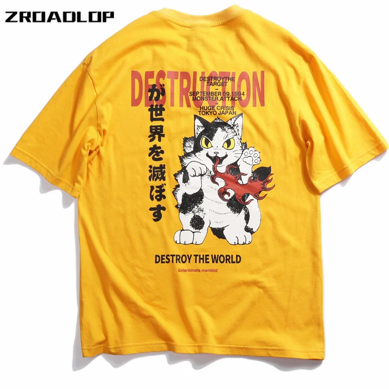 

2019 Men T-Shirt Hip Hop Anime Angry Cat T Shirt Harajuku Japanese Cartoon Tshirt Streetwear Summer Cotton Tops Tee Short Sleeve