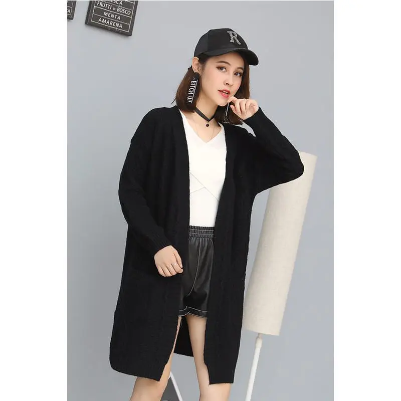 Женские длинные кардиганы для осени и зимы, теплые длинные кардиганы больших размеров, пончо, Корейская вязанная куртка, Sueter Mujer, однотонное пальто - Цвет: black