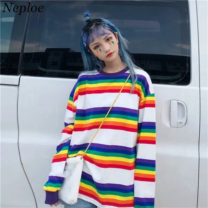 

Neploe Korean Harajuku Rainbow Striped T-shirt Long Sleeve Tshirt Woman Spring Tops Tee Shirt Female Casual Clothing 36602
