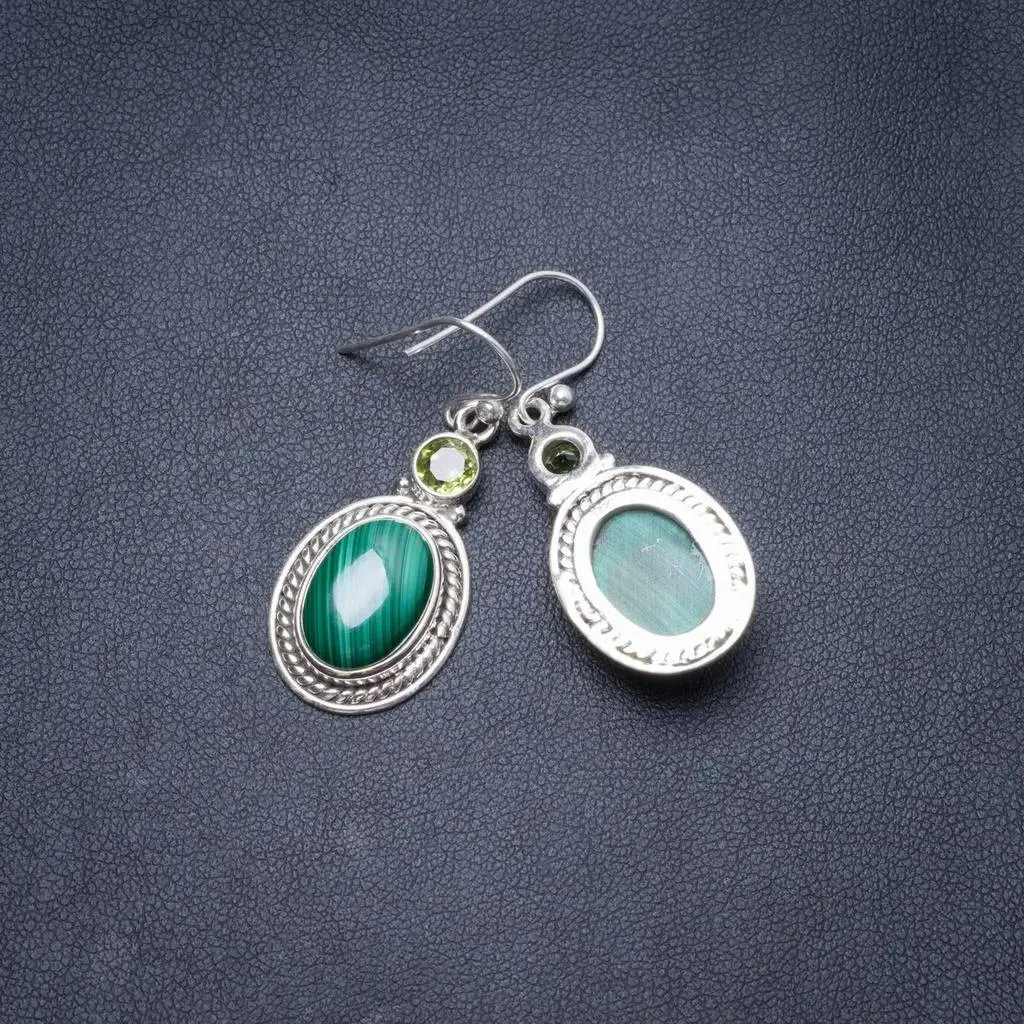 

Natural Malachite and Peridot Handmade Unique 925 Sterling Silver Earrings 1.5" Y3152
