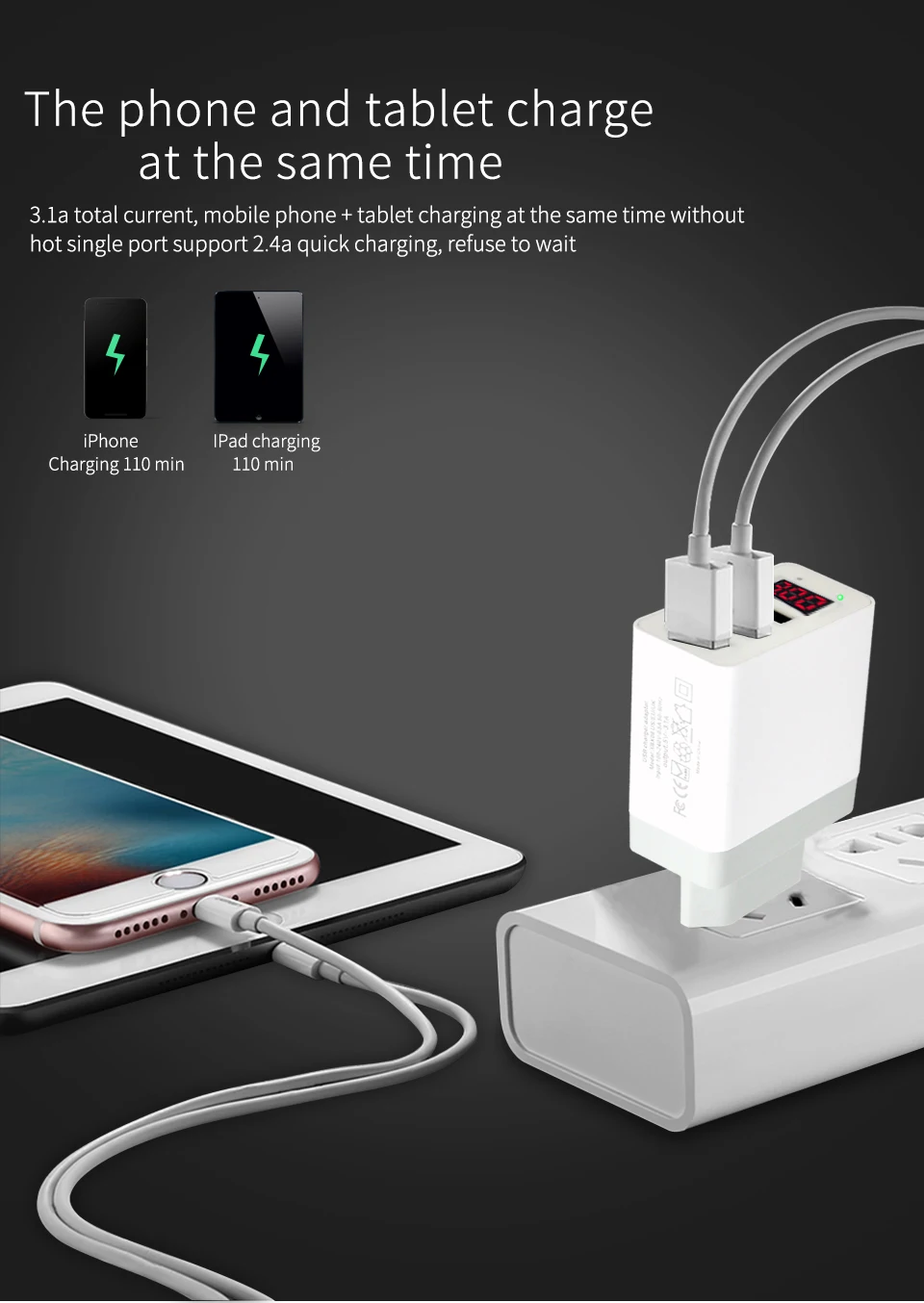 Wall Charger EU Adapter LED Display 3 USB Charger Universal Mobile Phone USB Charger Fast Charging For iPhone Samsung Xiaomi (3)