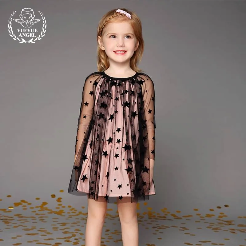 

2018 Summer Sweet Spring Girl Dress Princess Pleated Mesh Long Sleeve Pink Robe Fille Ruched Start Pattern Green Party Dresses