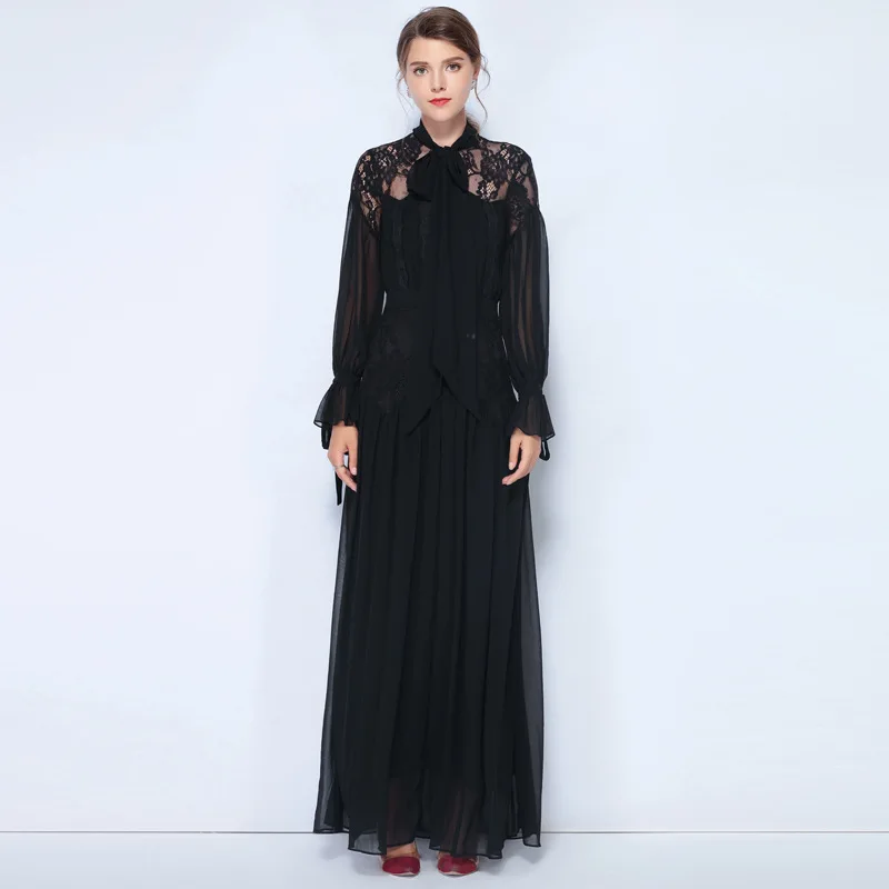 

Qian Han Zi New 2019 Designer Fashion Women's long dress bow collar sexy lace chiffon retro party Maxi dress