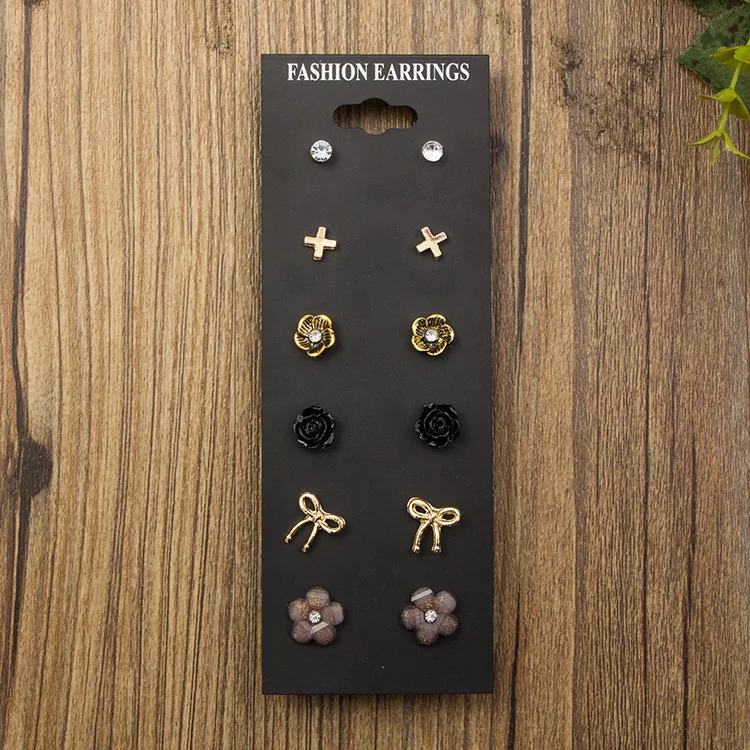 

6 Pairs Fashion Jewelry New Rose Flowers Stud Earrings CZ Cross Bow Pearl Earrings
