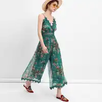 2018 Green Floral Print chiffon Women Playsuits sexy backless sleeveless deep v-neck lace Summer romper Elegant chic playsuits