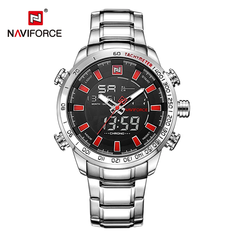 silver red NAVIFORCE 9093 роскошные мужские спортивные часы Chrono, брендовые военные водонепроницаемые электронные наручные часы с подсветкой, мужские часы с секундомером - Цвет: silver red
