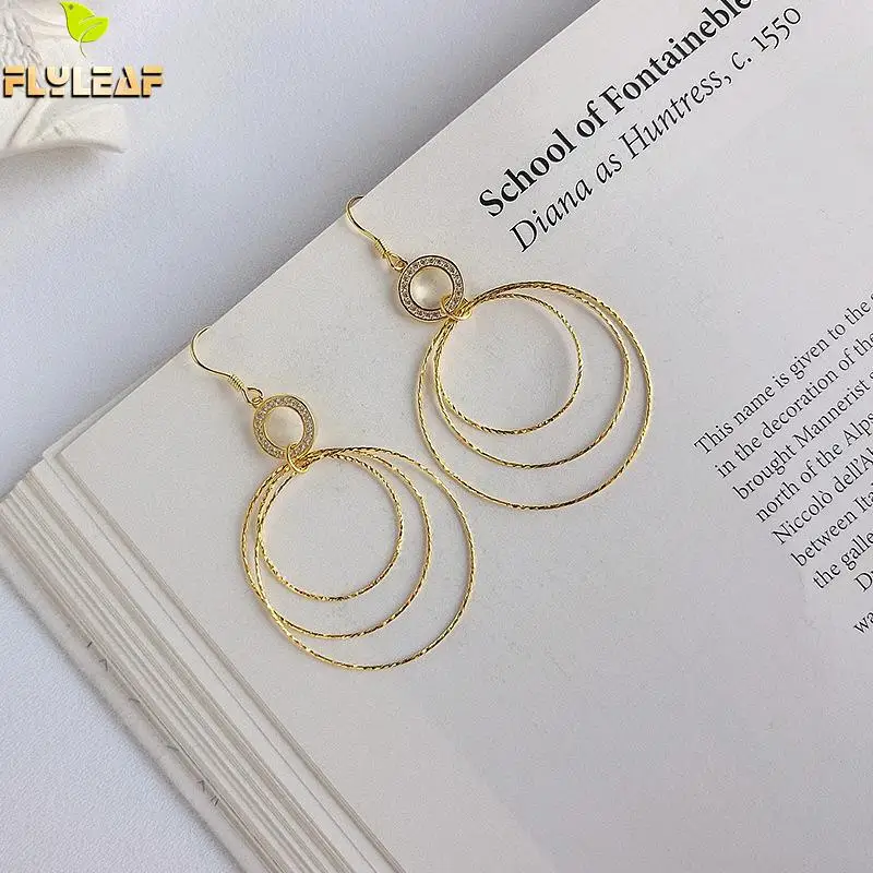 

flyleaf Circle geometric Cubic Zirconia 925 Sterling Silver Drop Earrings For Women 18k Gold Dangling Earings Fashion Jewelry