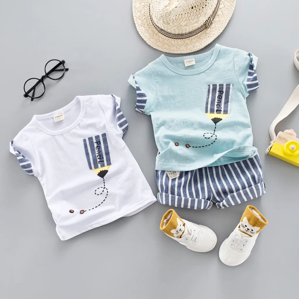 

Children Clothes Set Toddler Kids Baby Girl Boy Outfits Short Sleeve Cartoon Striped Print Tops Short Pants Casual Outfit Sets