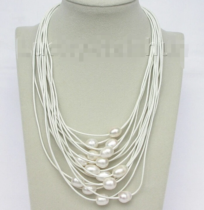 

AZF346 FREE shipping>>>>>>17"-24" 15row 14mm whitw pearls white leather necklace magnet clasp j8805 new