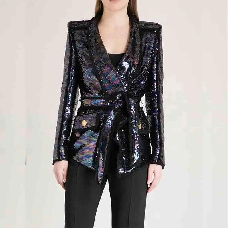 

High Quality 2018 Luxury Brand Autumn Woman Sequined Blazers V-Neck Sequind Single Button Long Sleeve Lace-up Ladies Blazers