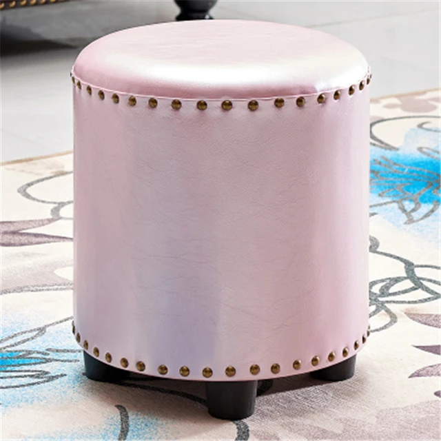 PU Seat Multifunction Low Stool Wooden Household Round Sofa Stool