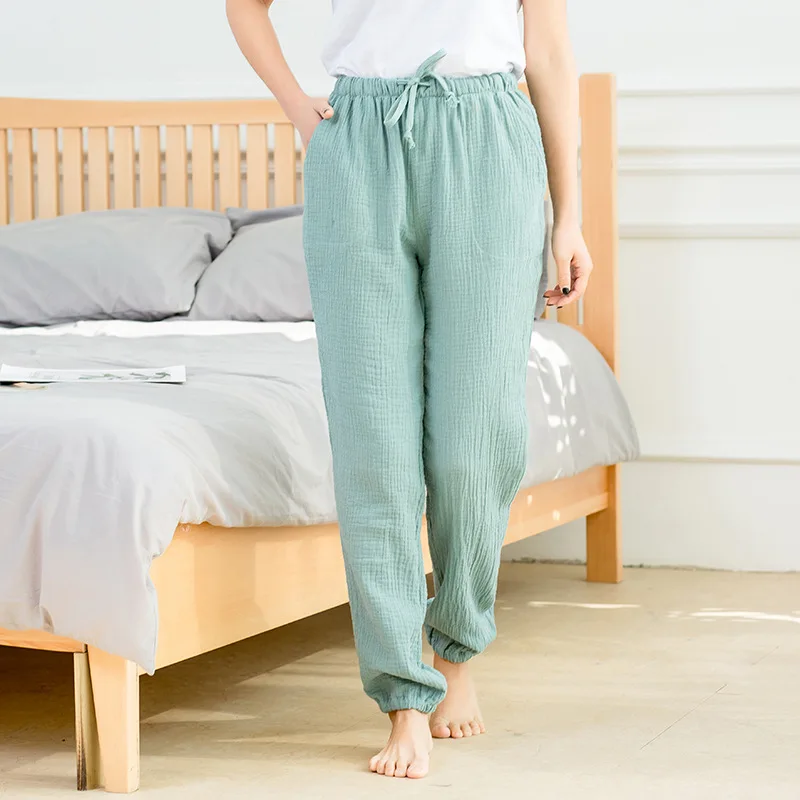 Летние штаны для сна, хлопковые креповые брюки, тонкие домашние штаны для пары, противомоскитные штаны, одноцветные трикотажные пижамы для женщин - Цвет: light green
